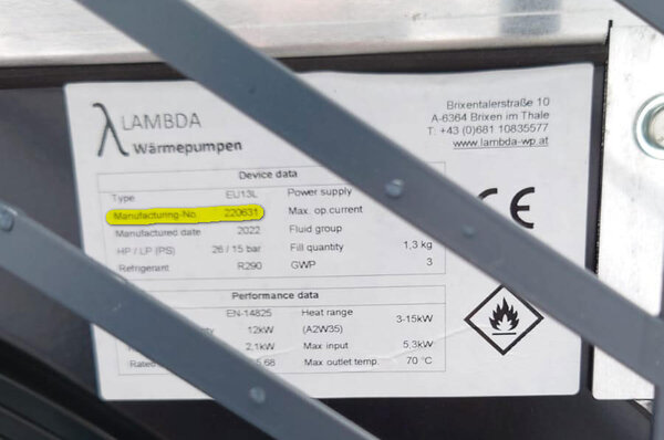 LAMBDA Wärmepumpen Etikett Seriennummer